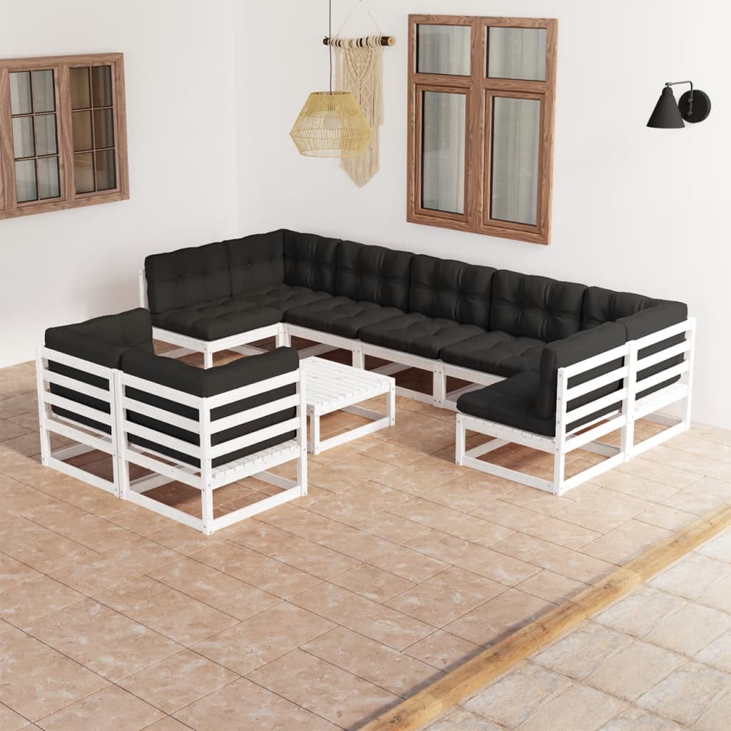 10-tlg. Garten-Lounge-Set mit Kissen Weiss Kiefer Massivholz